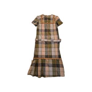 VTG Hand Made Brown Plaid Dress Maxi Dress XS/S Pleated Bottom Belted 70's